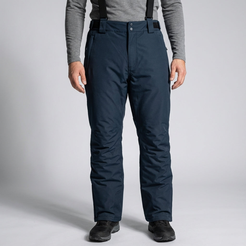 Close-up of waterproof ski trousers Mitchell material texture and detachable braces