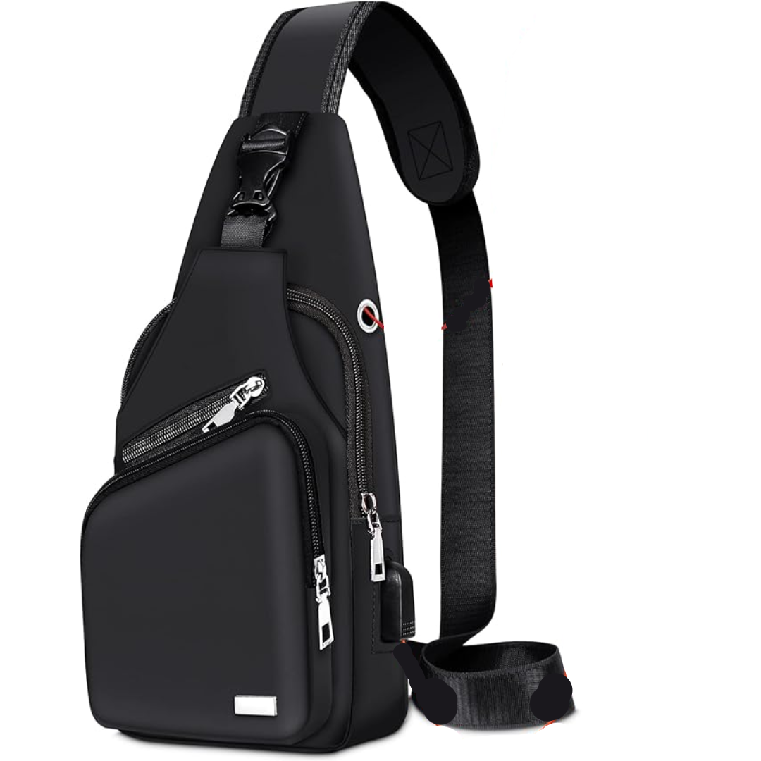 Unisex waterproof sling bag in black, side view, showing durable fabric and adjustable strap for travel and daily use