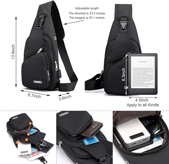Unisex black waterproof sling bag, top view, showing its ergonomic shape and compact size for everyday carry