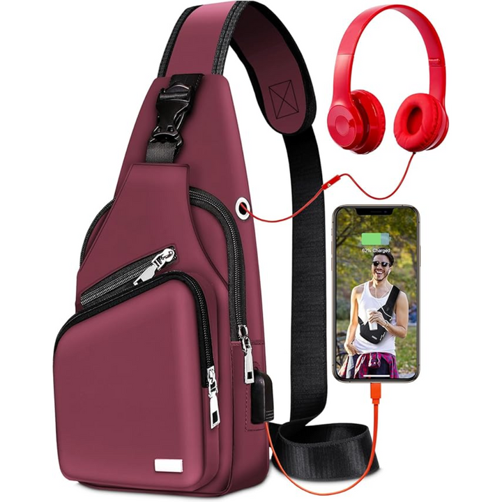Model wearing a gray waterproof crossbody sling bag, front view, demonstrating comfortable fit and stylish daily carry