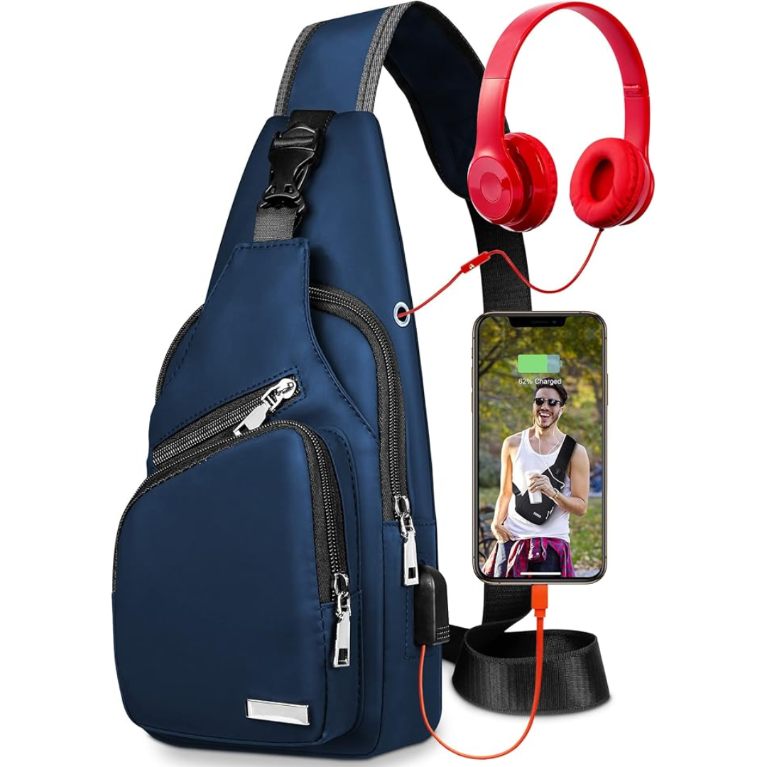 Unisex black sling bag worn across the back, with a scenic outdoor background, perfect for travel and adventure