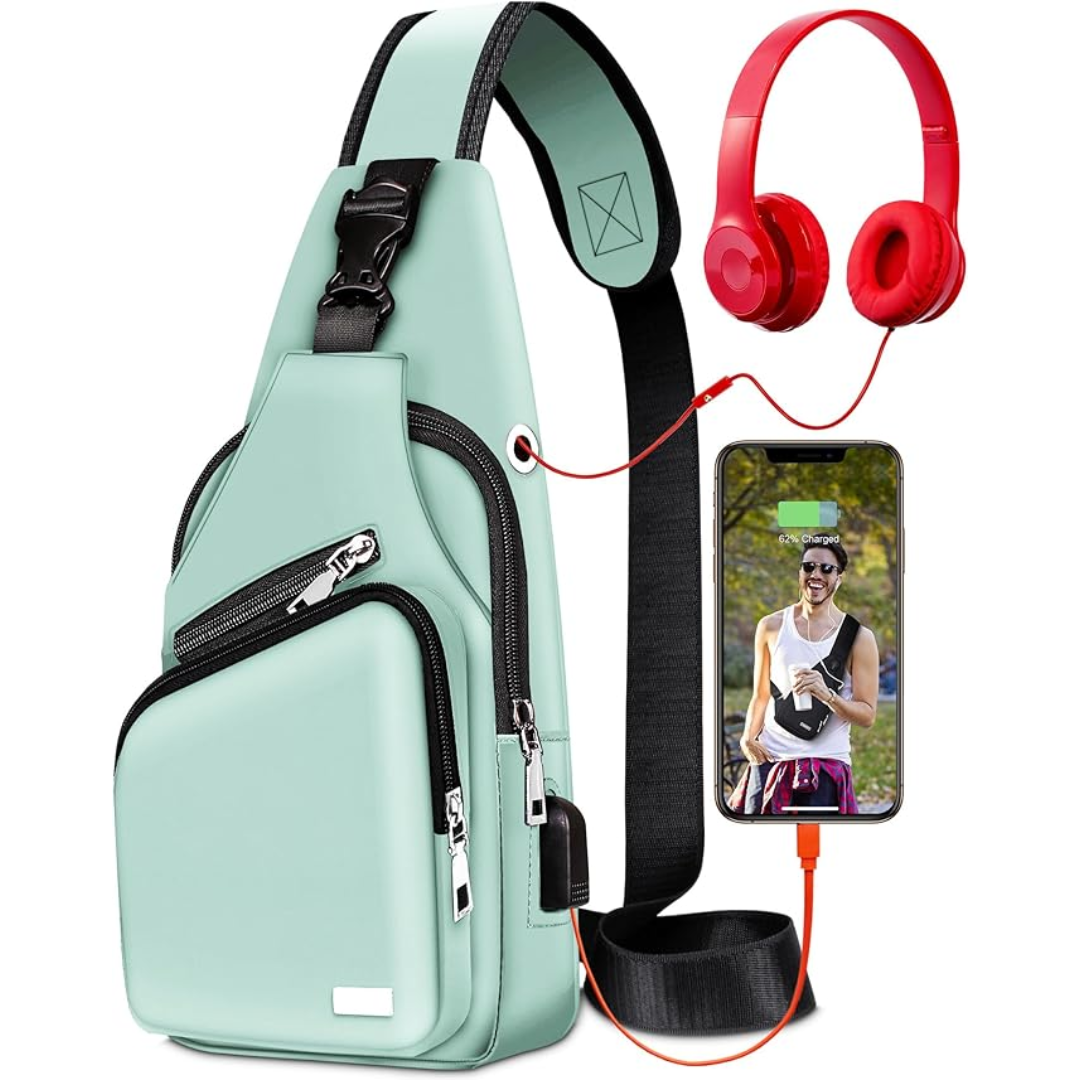 Detail of the adjustable shoulder strap on the waterproof sling bag, showing its comfortable padding and secure buckle