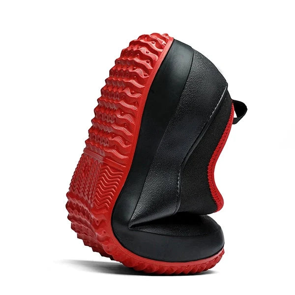 Durable black waterproof slip-on work shoes, comfortable industrial footwear, easy to clean & non-slip sole.
