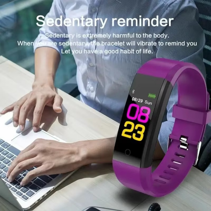Digital display unisex smartwatch & fitness tracker. Waterproof, monitors heart rate, blood pressure, and sleep.