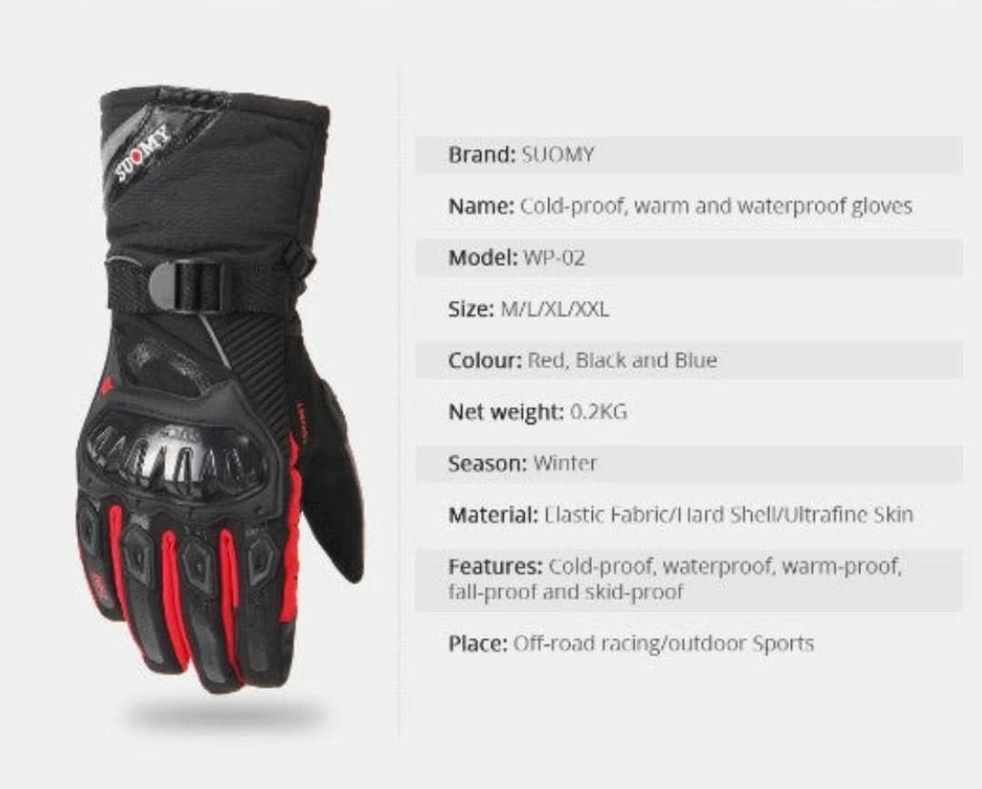 Robust waterproof thermal motorcycle gloves, unisex, for severe winter riding conditions.