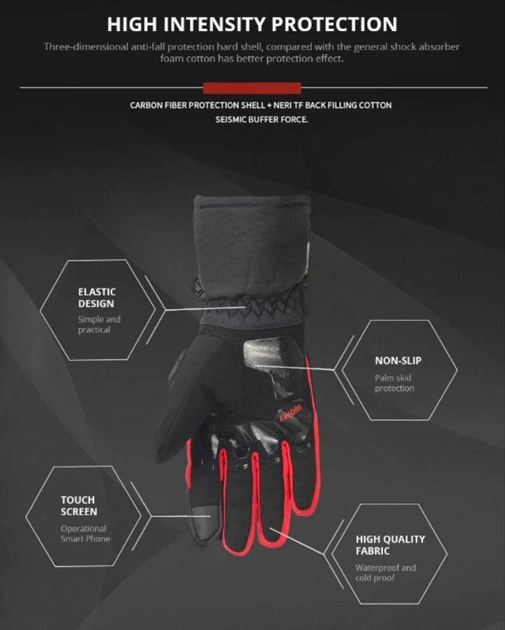 Comfortable unisex waterproof winter motorcycle gloves with thermal lining for cold hands.