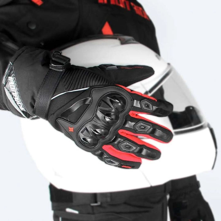 Protective unisex winter motorcycle gloves with touchscreen for cold weather riding.