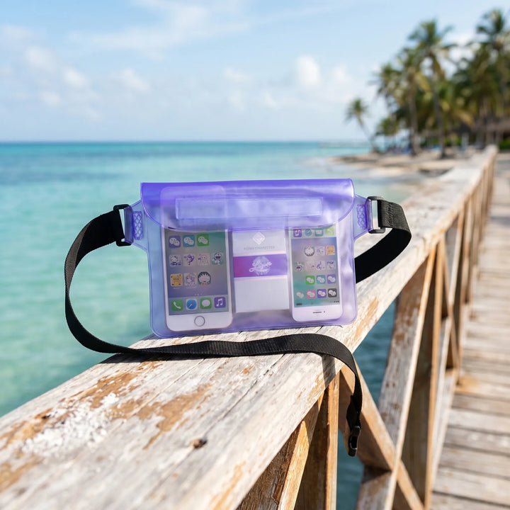 Beach-ready waterproof translucent fanny pack. Ideal for phone, keys, sunscreen. Unisex travel gear.