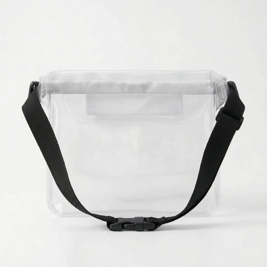 Active waterproof waist bag for water sports, paddleboarding, beach. Translucent design. Dry bag function.