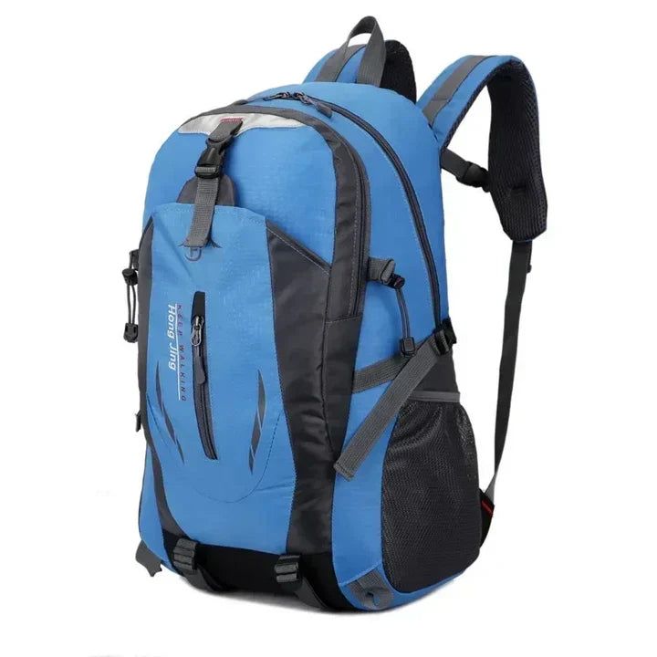 Orange waterproof travel backpack for organized travel & adventure. Unisex, multi-compartment, durable daily commuter bag.