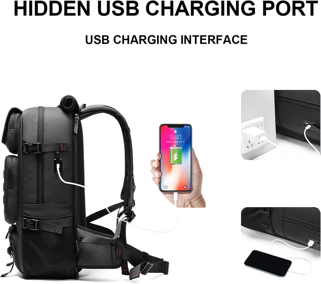 Spacious unisex travel backpack. Waterproof fabric, shoe compartment, USB charging, & laptop sleeve.