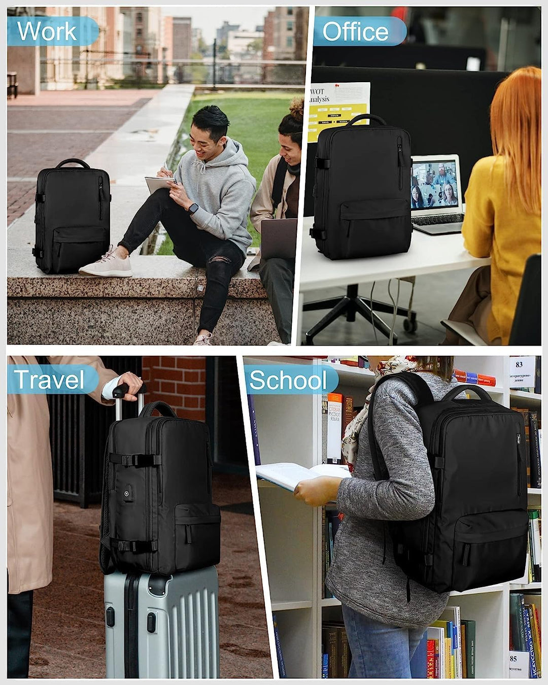 Front view: Unisex black waterproof travel backpack with USB port, ideal for travel.