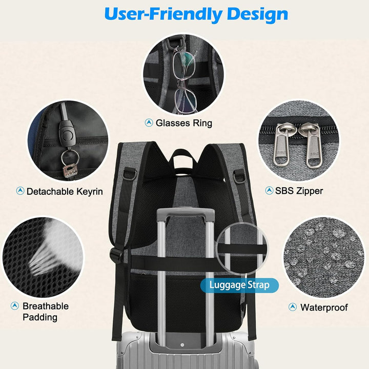 Spacious waterproof laptop backpack, featuring USB port for convenient charging.