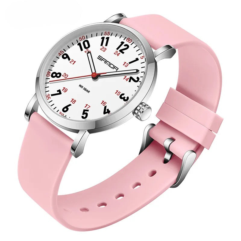Unisex waterproof watch for healthcare pros. Easy-read dial, glow-in-dark, sweeping second hand for medical precision.