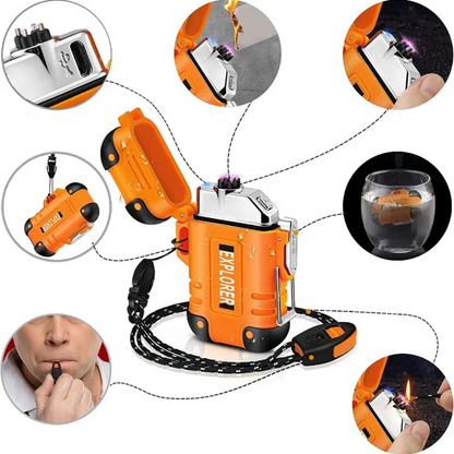 Unisex waterproof windproof arc lighter for outdoor survival, camping, and emergency use.