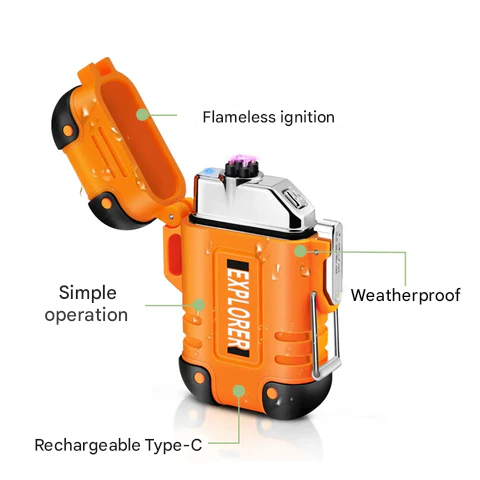 Essential outdoor survival kit component: a waterproof, windproof, rechargeable arc lighter.