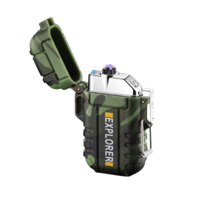Close-up of rugged waterproof arc lighter, showing USB charging port; for survival & outdoor.