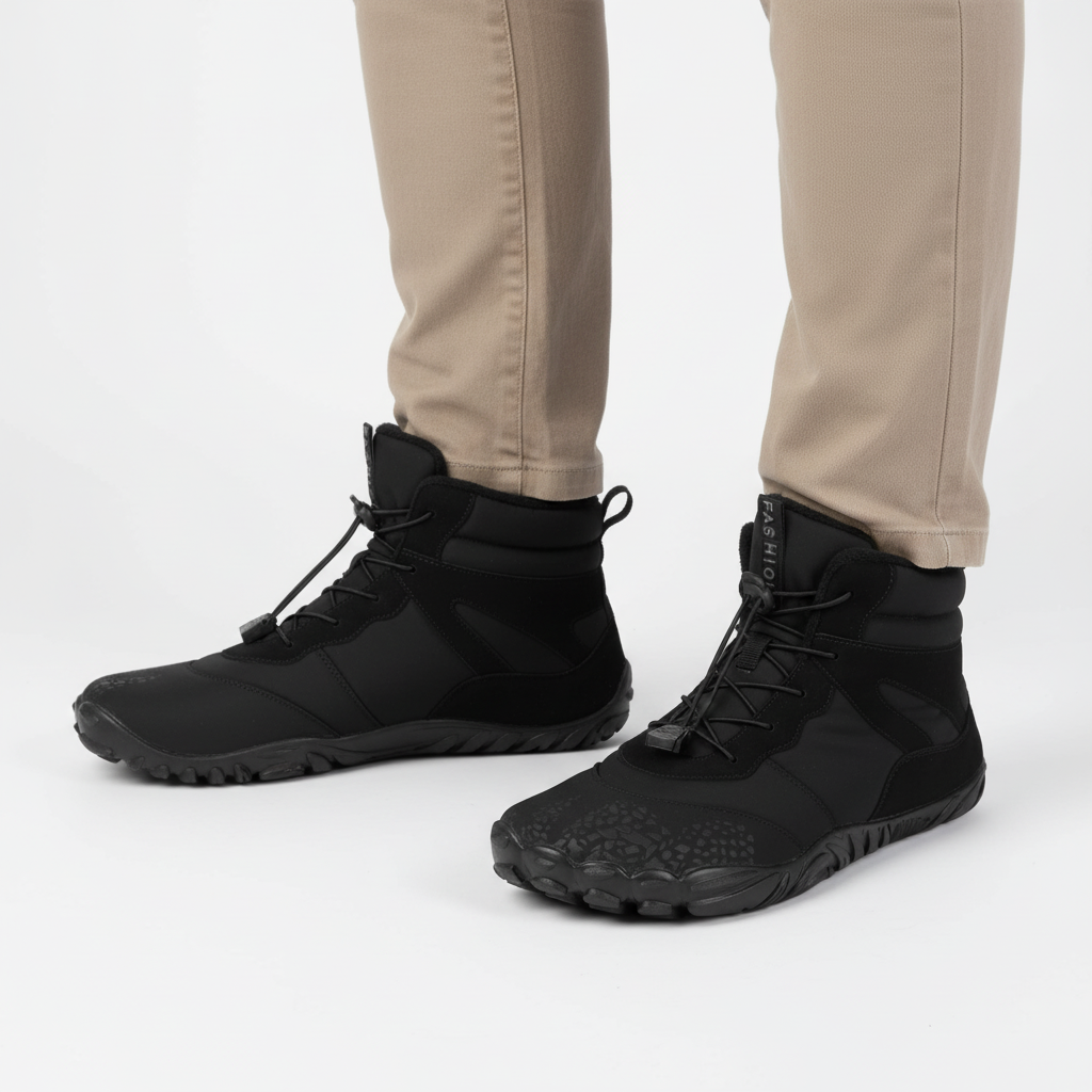 Winter barefoot boots, waterproof synthetic material, offering orthopedic support