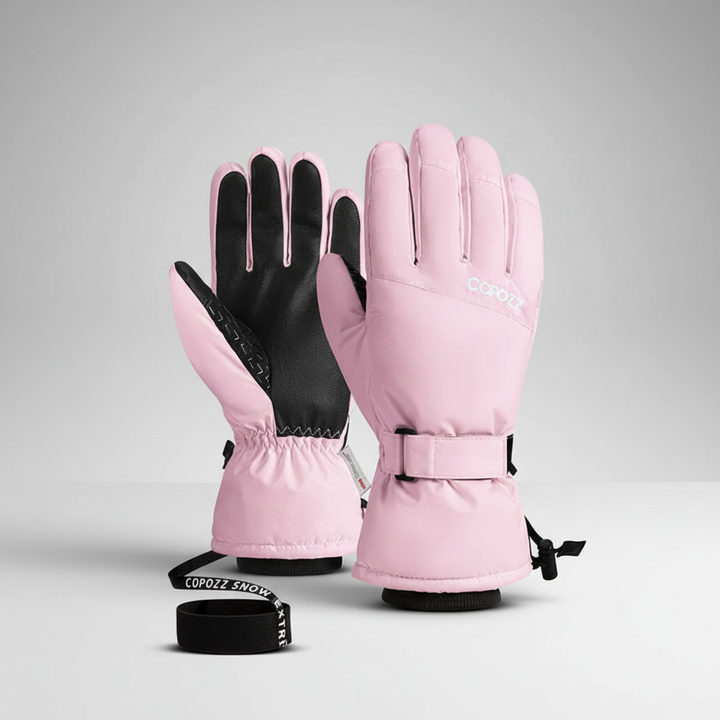 Unisex thermal winter gloves in a snowy environment, showcasing waterproof and grip features