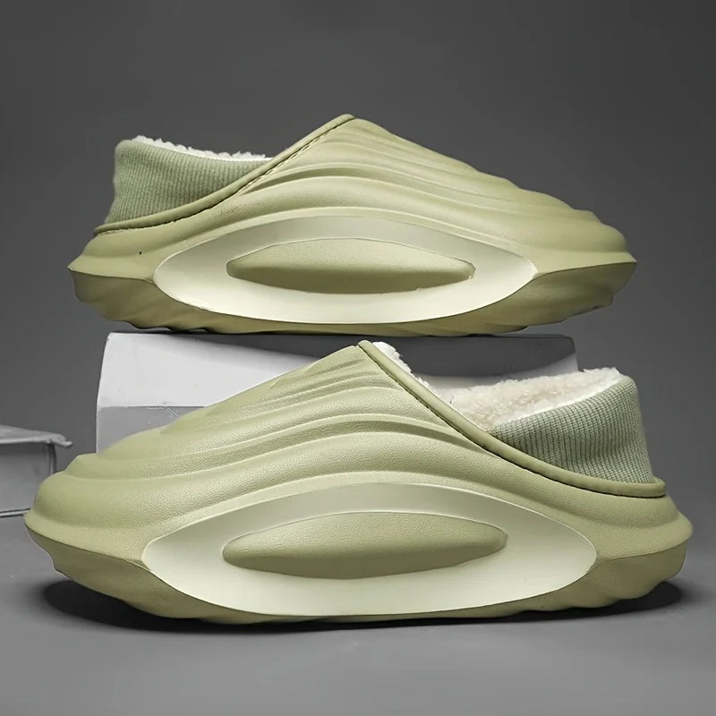 Soft fleece unisex slip-on slides with wave design, offering cushioned cozy comfort for casual wear.