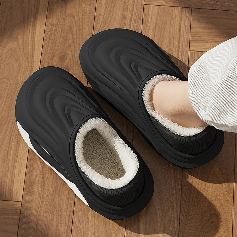 Stylish wave design unisex fleece slip-on slides, delivering cozy cushioned comfort & casual appeal.