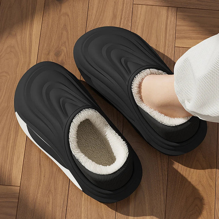Stylish wave design unisex fleece slip-on slides, delivering cozy cushioned comfort & casual appeal.