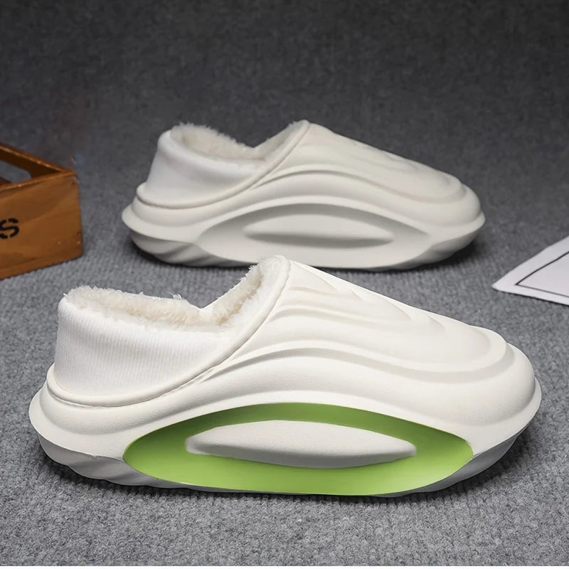 Plush fleece unisex slides with wave pattern, cushioned for superior comfort, ideal casual slip-on footwear.
