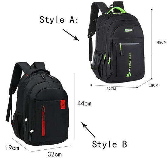 Unisex multi-compartment backpack in action, demonstrating its weather-resistant design.