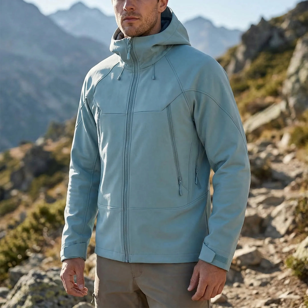 Unisex weather-resistant hooded outdoor jacket for hiking and adventure.