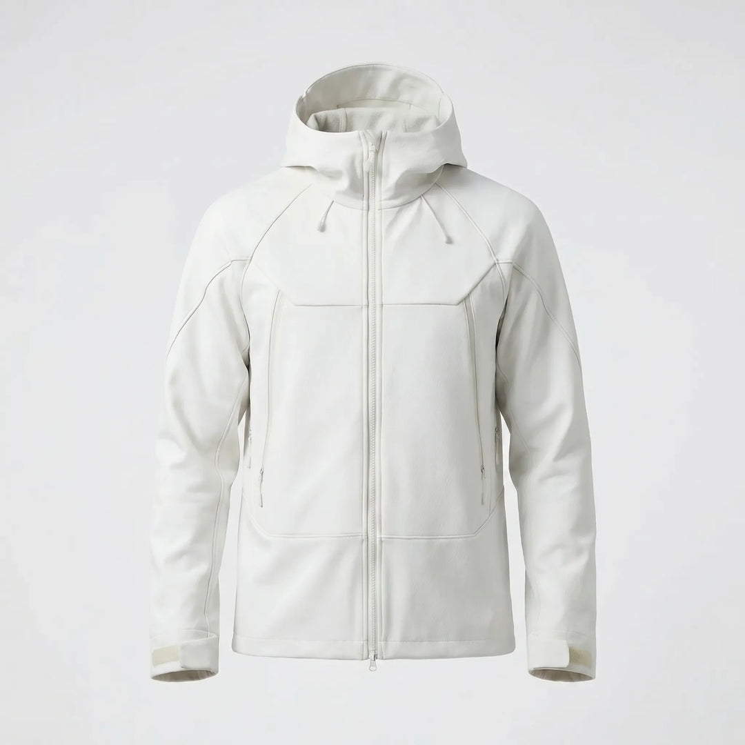 Premium weather-resistant hooded hiking jacket, offers all-season protection.