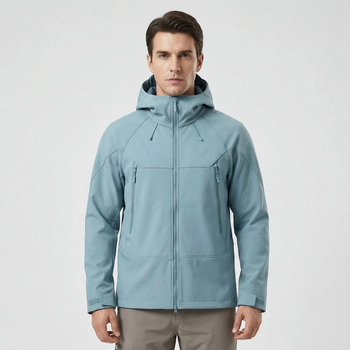 Versatile hooded hiking jacket, water-repellent & windproof, for all seasons.
