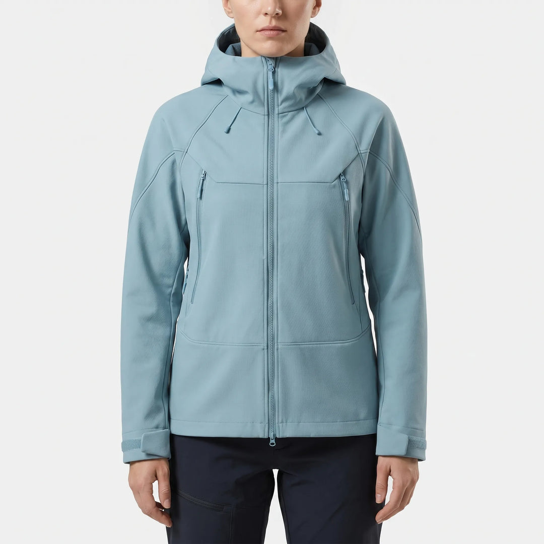 Weather-resistant hooded jacket, perfect activewear for hiking, windproof design.