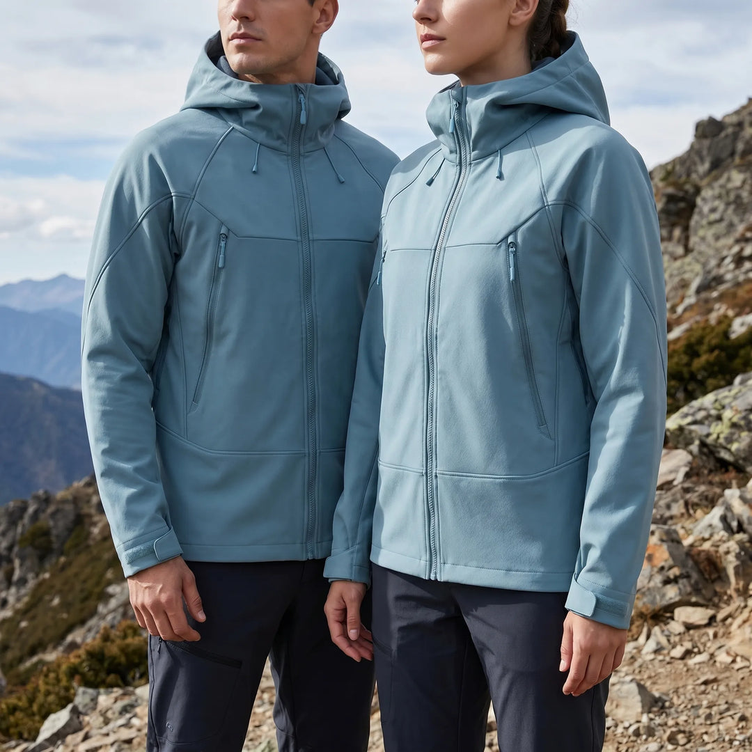 All-season unisex hooded jacket, water repellent & breathable, for outdoor activities.