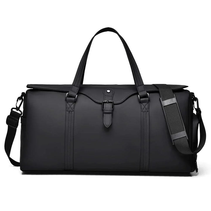Spacious travel duffle bag with multiple compartments, suitable for any trip or getaway.