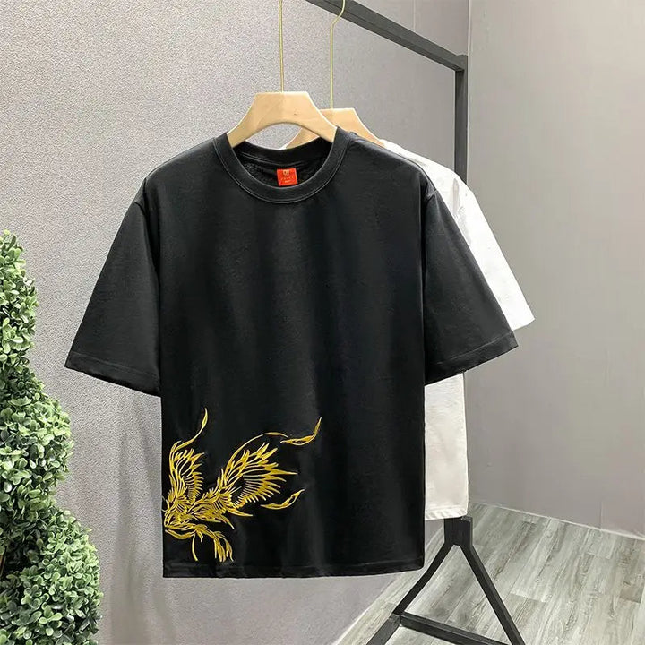 Unisex white & black phoenix embroidered t-shirts, made from soft, comfortable cotton. Unique graphic tee style.