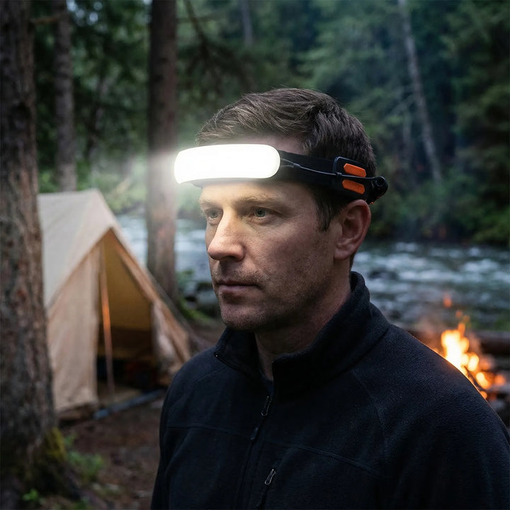 Unisex wide-beam rechargeable COB headlamp for hands-free outdoor camping, hiking, and fishing adventures.