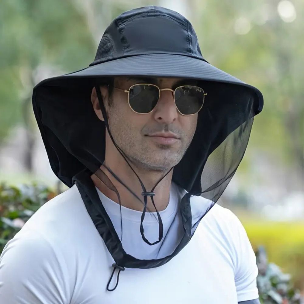 Unisex wide brim sun hat for UV & mosquito protection. Ideal for outdoor activities like hiking and fishing.