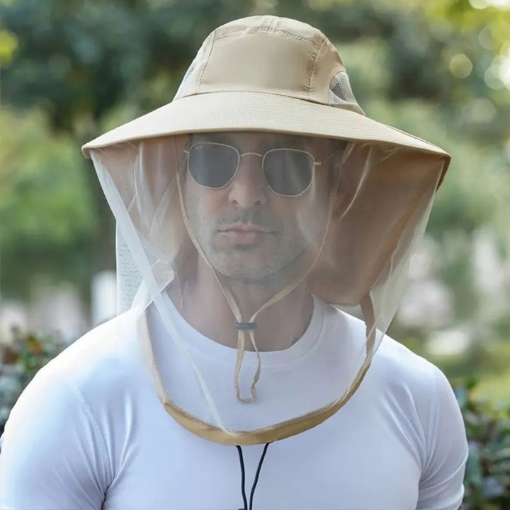 Durable wide brim hiking hat with UV and mosquito protection. Perfect breathable outdoor gear for camping.