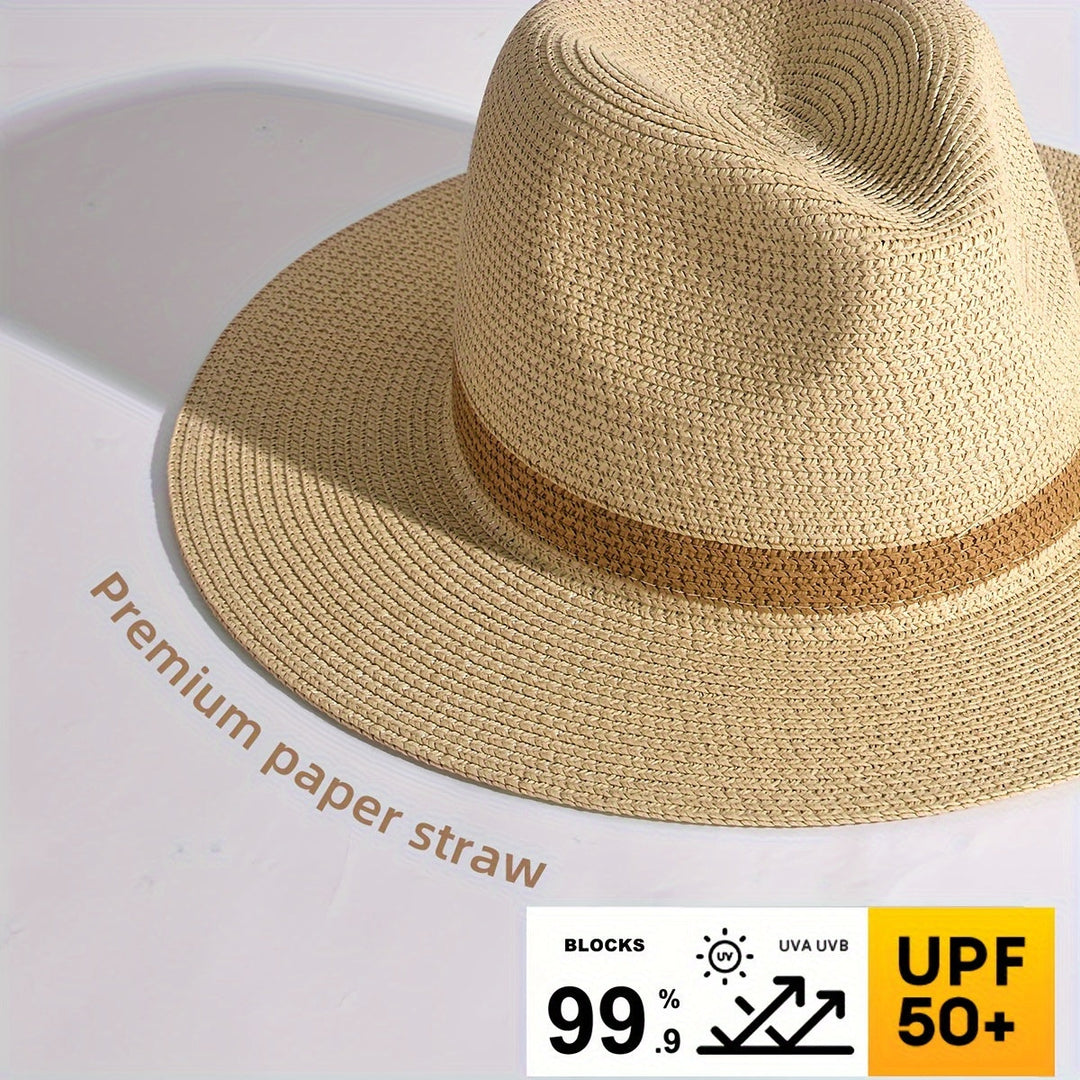 SunShield wide brim Panama hat, light color, styled for both men and women, essential for intense summer sun.