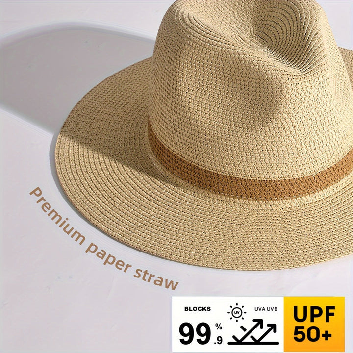 SunShield wide brim Panama hat, light color, styled for both men and women, essential for intense summer sun.