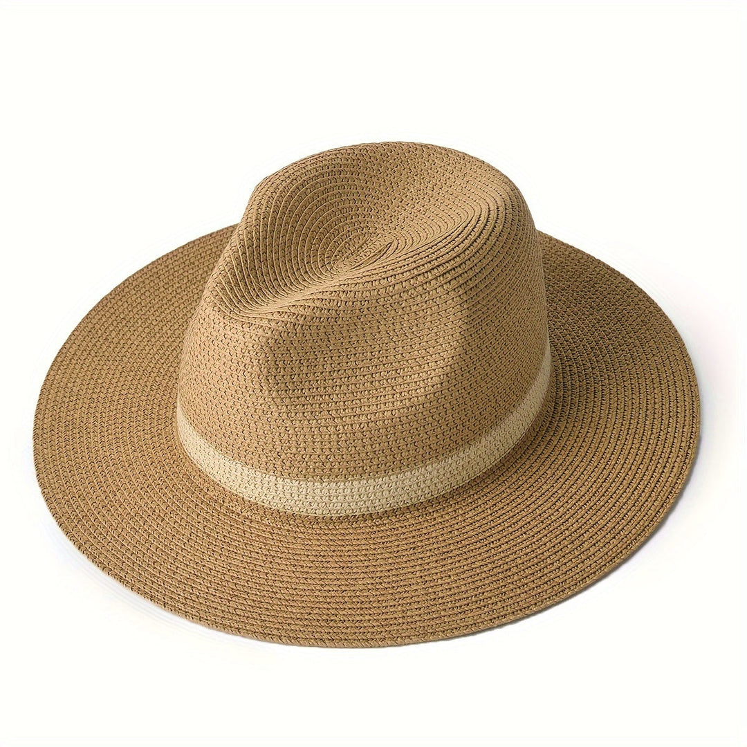 Fashionable wide brim sun hat, beige, for men & women, ideal for sun protection and beachwear.