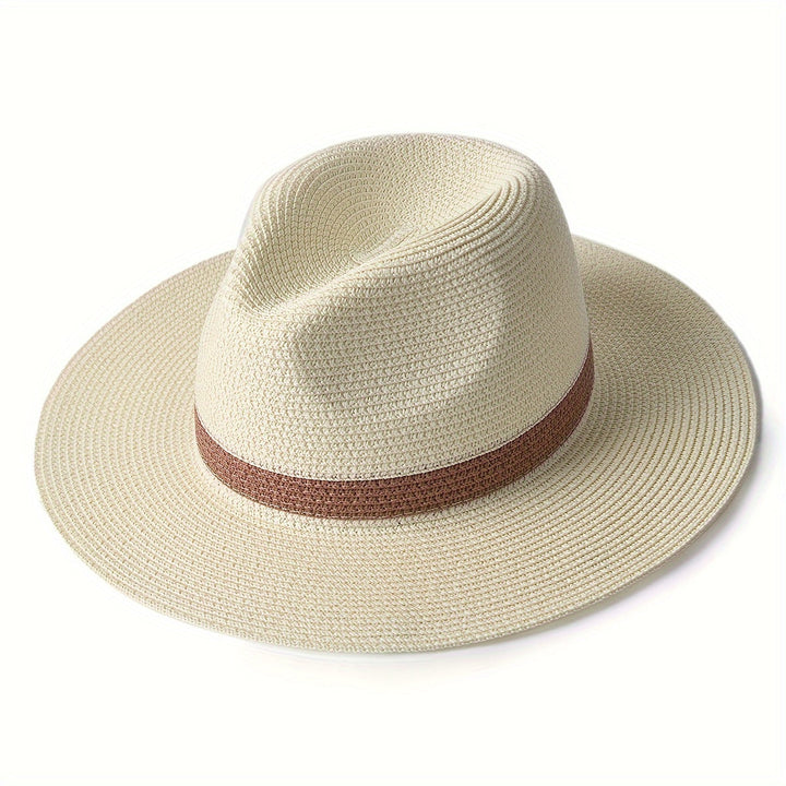 Unisex SunShield Panama hat with wide brim, straw-like texture, perfect for summer travel and UV defense.