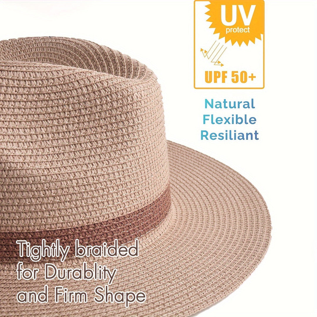 Front view of a unisex wide brim sun hat, classic design, offering excellent sun protection for summer.