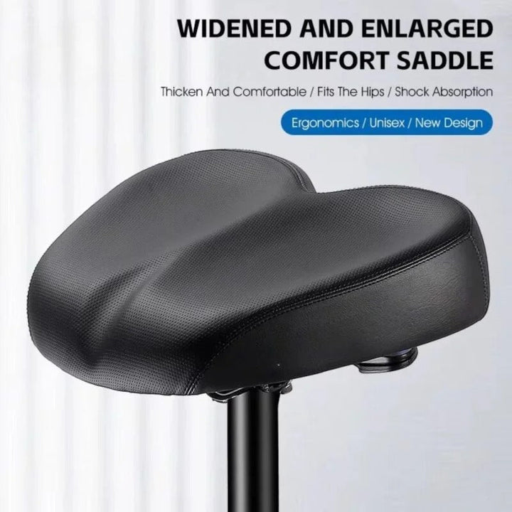 Durable wide bicycle seat with shock-absorbing features, perfect for long-ride comfort and support.