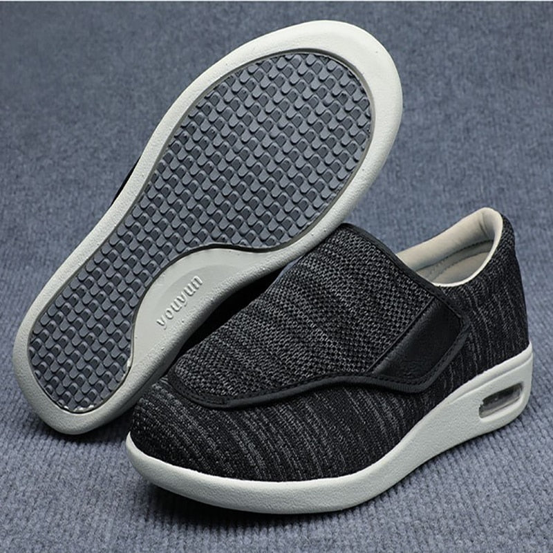 Easy-on, easy-off diabetic shoes for seniors, wide and comfortable for swollen feet, with secure strap.