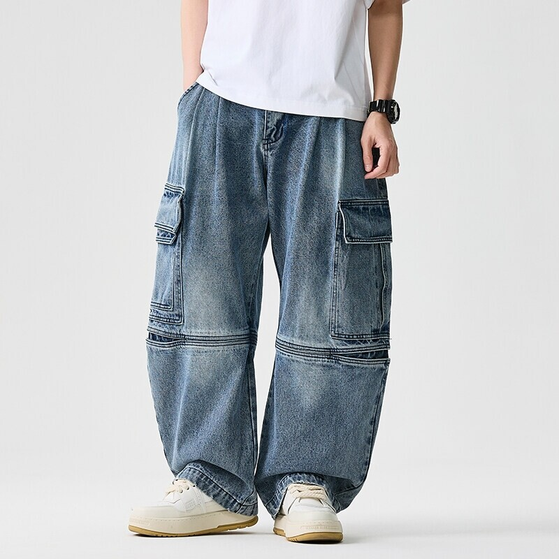 Unisex wide-leg denim pants, comfortable fit, perfect for casual streetwear fashion.