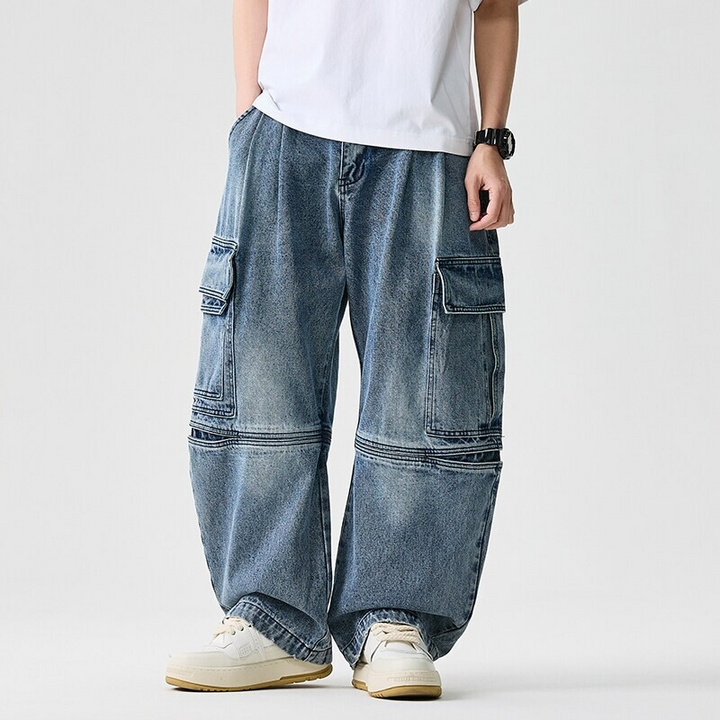 Unisex wide-leg denim pants, comfortable fit, perfect for casual streetwear fashion.