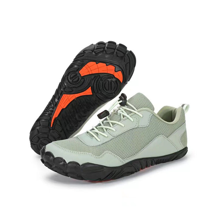 Foot health promoting orthopedic hiking shoes, wide toe box, natural movement for outdoor trails.