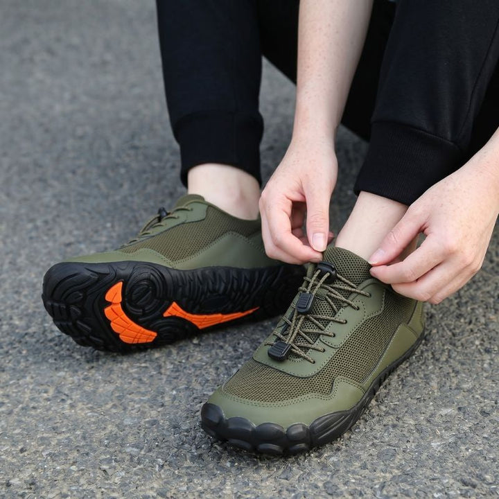 Unisex wide toe box hiking shoes offering foot freedom, natural movement, & orthopedic comfort.