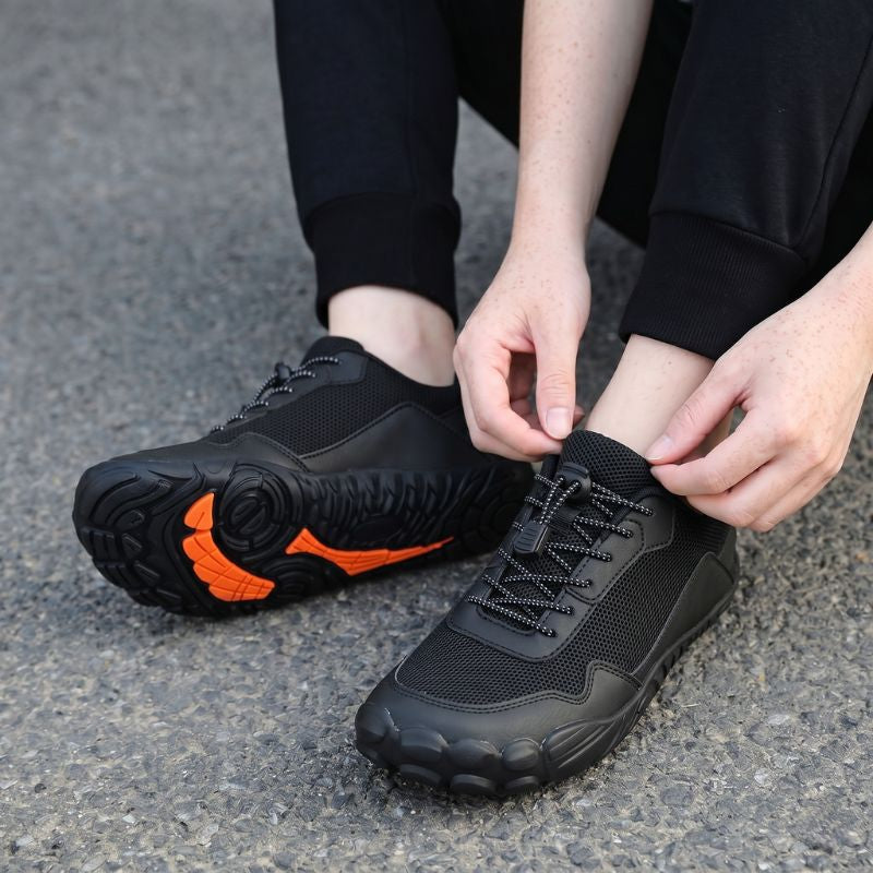 Orthopedic hiking shoes with wide toe box & zero drop for natural alignment & foot health.